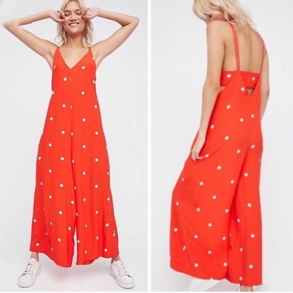 Free People Dream Big Red Polka Dot Jumpsuit